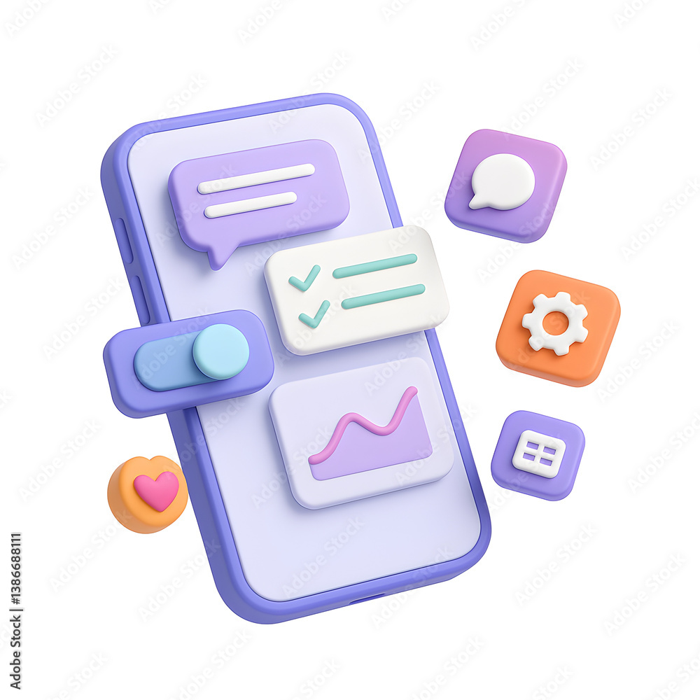 Poster 3d mobile ui png icon isolated on transparent background – smartphone interface with app buttons, ch