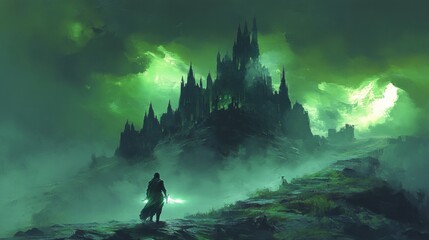 Lone Warrior Approaching Mysterious Gothic Castle in Dark Fantasy Landscape with Green Skies