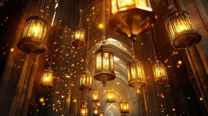 Fototapeta premium elegant brass lanterns suspended from the ceiling of a historic cathedral, their glowing light creating a mystical ambiance that complements the cathedral's majestic architecture.