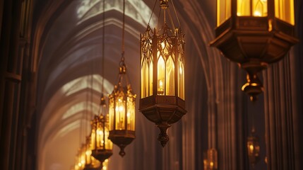 Fototapeta premium elegant brass lanterns suspended from the ceiling of a historic cathedral, their glowing light creating a mystical ambiance that complements the cathedral's majestic architecture.