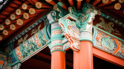 Chinese pavilion located on a mountain, highlighting the intricate architectural details such as wooden carvings, decorative tiles, and vibrant red accents.