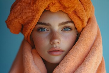 Smiling young woman in peach polka-dot bathrobe with orange towel applying organic facial cream for healthy skincare routine