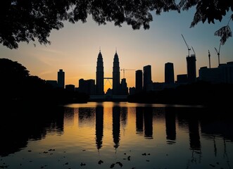 Obraz premium City Skyline Reflection in Lake at Sunset with Trees Framing View
