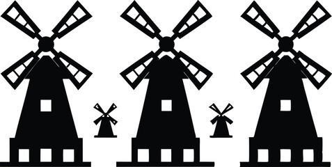 Windmill icon set. Silhouette and linear style. Vector illustration.