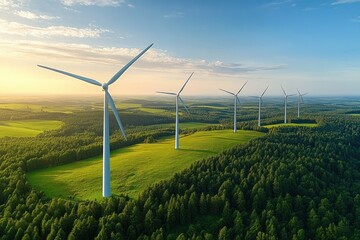 Sustainable Wind Energy Generating Power in a Serene Landscape with Modern Wind Turbines and Vibrant Green Fields
