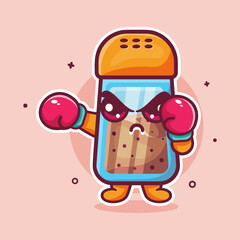 serious black pepper bottle character mascot playing boxing sport isolated cartoon