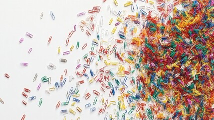 Fototapeta premium colorful paper clips strewn over a white background, visually representing the themes of organization and office life.