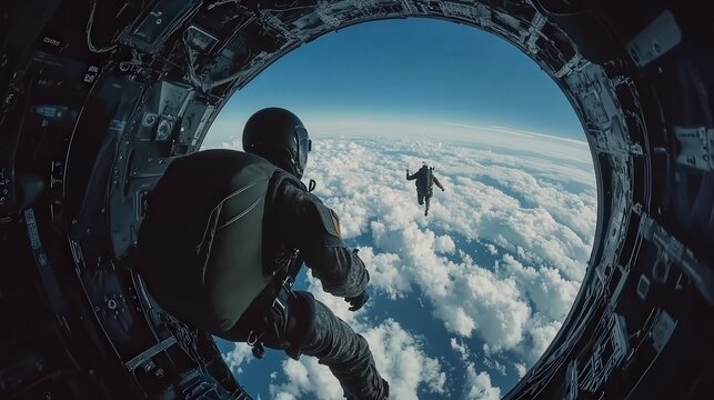 military airplane, showing the moment a skydiver exits and begins their freefall.