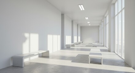 Bright Hallway with Large Windows, Benches, and White Walls