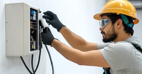 Electricity Installation for Home EV Charger by Male Electrician in Modern Workspace