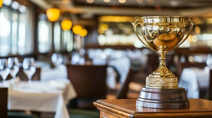 Luxury restaurant interior with golden trophy on wooden podium, elegant award ceremony concept for fine dining excellence and culinary achievement.