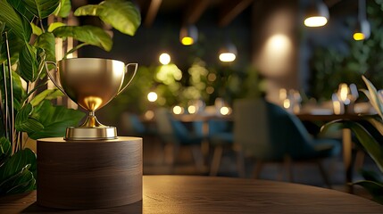 Luxury restaurant interior with golden trophy on wooden podium, elegant award ceremony concept for fine dining excellence and culinary achievement.