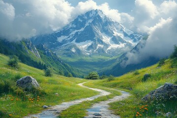 Alpine Landscape with Towering Mountain and Lush Green Meadows