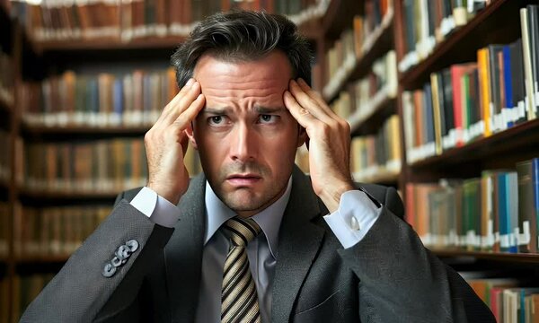 Stressed man in suit sits in library, holding head, looking up, open book in front.