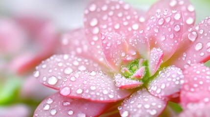 A dew-covered pink succulent is the focus. Its petals are detailed, showcasing numerous water droplets. The background is softly blurred, enhancing the flower. The image is high-resolution, with sof