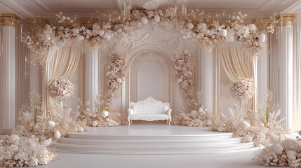 Naklejka premium Elegant Wedding Venue: A beautifully decorated wedding venue, bathed in soft, romantic light. Showcasing floral arrangements, elegant drapery, and architectural details.