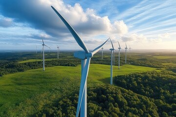 Renewable Energy Wind Turbines in a Green Landscape under Blue Sky