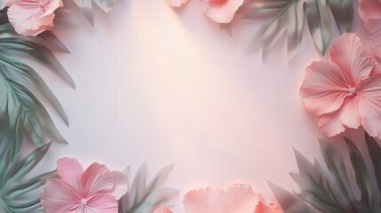 Naklejka premium tropical floral photo frame in soft pastel colors, featuring flowers and leaves. Perfect for designing invitations, flyers, or posters with space to add your own message or details.