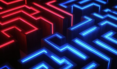 Abstract red and blue neon maze.  Background dark, textured surface. Use technology, game design