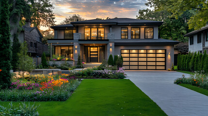 Obraz premium Modern Residential Home: A captivating exterior shot of a contemporary residence, its architectural beauty accentuated by manicured landscaping and a welcoming facade.