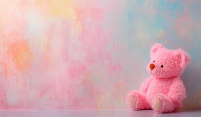 Fototapeta premium Pink Teddy Bear Sitting Against Pastel Colored Wall for Children