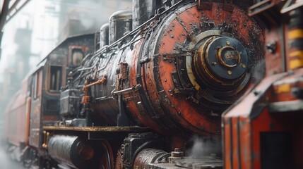 Fototapeta premium vintage steam locomotive, showing the fine details of its aged, rusted components, large wheels, and the puffing steam that surrounds the powerful machine.