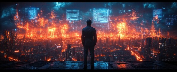 Futuristic Cityscape with Businessman Interacting with Holographic Data Screens in Cyberpunk Style