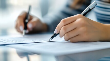 Woman filling out forms with pens, focusing on document handling