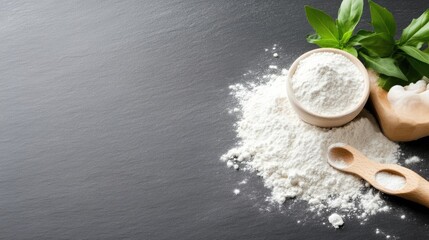 Flour, herbs, and tools on a dark background