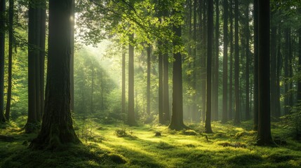 Obraz premium Tranquil forest bathed in soft sunlight, earthy tones blending harmoniously, evoking peace and natural serenity