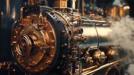 Fototapeta premium vintage steam locomotive, with close attention to the brass components, iron wheels, and the powerful steam escaping the engine as it comes to life.