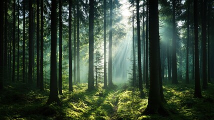 Obraz premium Tranquil forest bathed in soft sunlight, earthy tones blending harmoniously, evoking peace and natural serenity