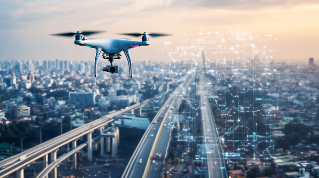 A drone inspecting the infrastructure of a bridge, aerial view of a bridge with drones flying overhead and real-time inspection data on screens, High-tech style