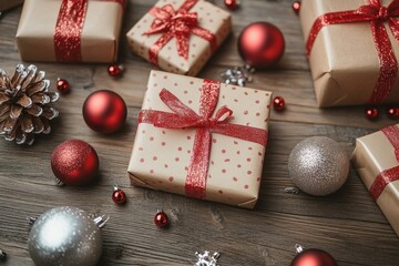 Christmas Gift Boxes Ornaments Decorations on Wooden Surface