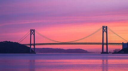 Fototapeta premium modern bridge, its steel cables and towers silhouetted against a glowing pink and orange horizon.