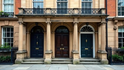 Obraz premium Grand Georgian townhouse facade with classical details and ornate stonework, architecture details, classical architecture