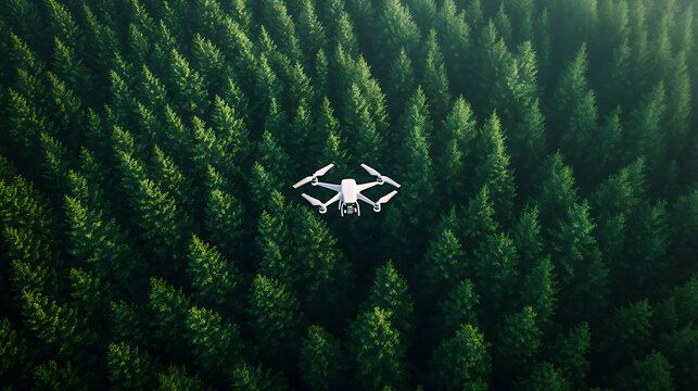 A drone mapping a forest for environmental monitoring, aerial view of a dense forest with drones flying and real-time environmental data, High-tech style