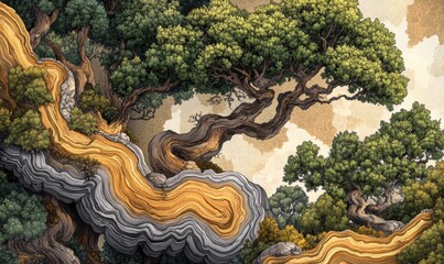 Naklejka premium Ancient Bonsai Tree on Rocky Cliff, Misty Mountain Background, Nature Illustration