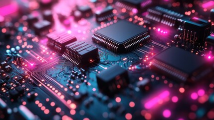 Obraz premium Close-up of a circuit board with processors and glowing components.