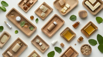 Fototapeta premium Natural Spa Essentials with Wooden Trays and Green Leaves Layout