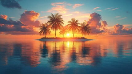Fototapeta premium Idyllic tropical island sunset with palm trees reflected in calm ocean water. (1)