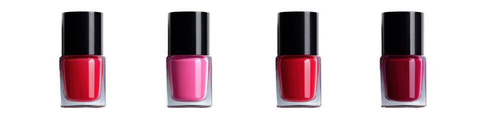 A collection of nail polish bottles in varying shades of red and pink, showcasing elegant packaging.