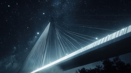 Obraz premium modern steel cable bridge lit by soft white lights, standing out against a dark, starry night sky.