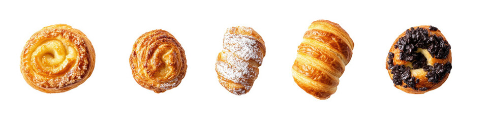 A variety of freshly baked pastries arranged in a row, showcasing different shapes and toppings.