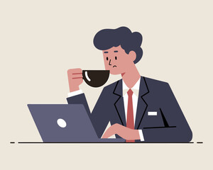 Animated Businessman Working on Laptop with Coffee: Modern Flat Vector Character Illustration for Work and Relaxation Concepts