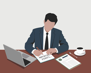 Business Professional Taking Notes, Laptop, Coffee - Important Points, Office Illustration