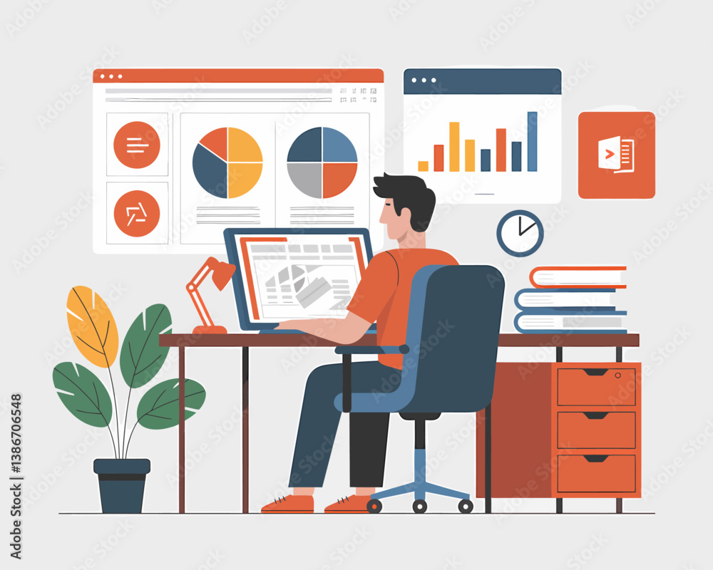 Poster man working on data analysis with charts and graphs. office worker studies business performance data