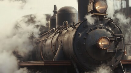 Obraz premium vintage steam locomotive, showcasing the mechanical complexity, aged paintwork, and thick steam clouds that embody the enduring legacy of the steam age.