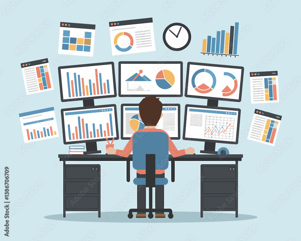 Poster stock trader analyzing market data on multiple screens for investment strategy and financial perform
