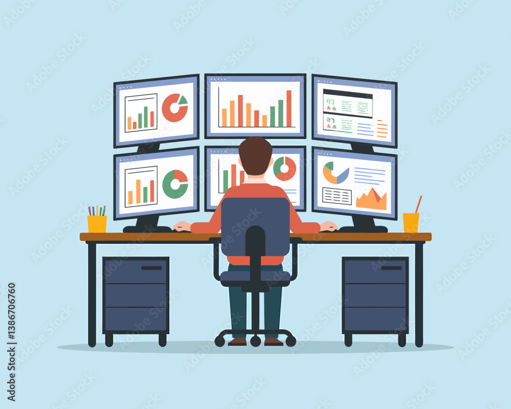Poster data analyst working with multiple monitors displaying charts and graphs, financial analysis and bus